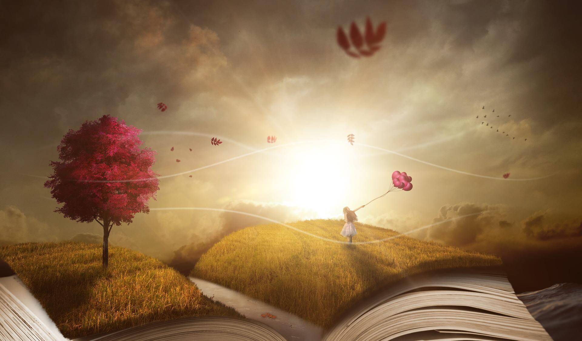 Livre ouvert avec pelouse, arbre feuilles roses, soleil levant et fillette avec ballons roses. pages des transitions de vie & pertes