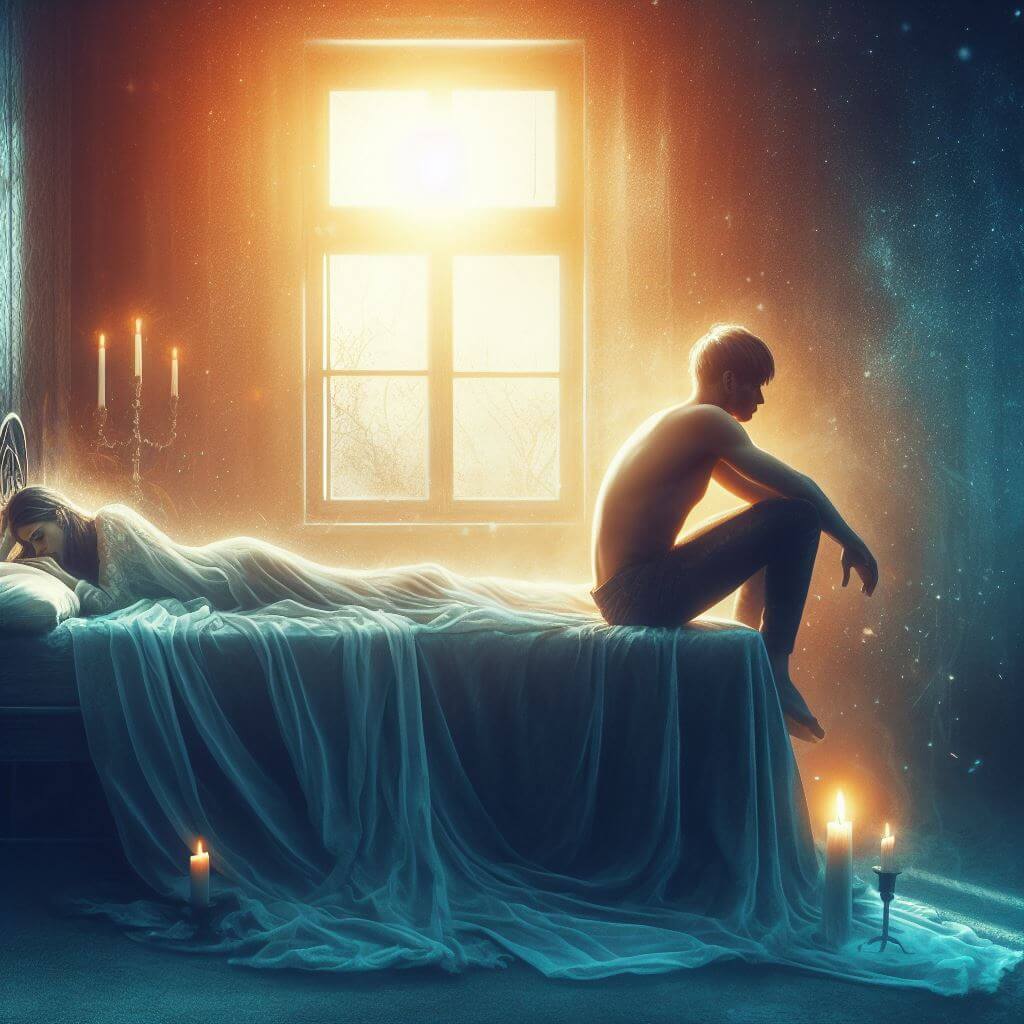 Femme allongée sur le lit, homme assis au pied. Bienvenue dans l'univers de la sexualité.